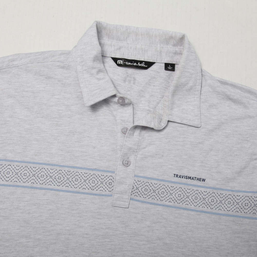 TravisMathew Polo Shirt Mens Large Gray Geometric Stripe Golf Performance Tech